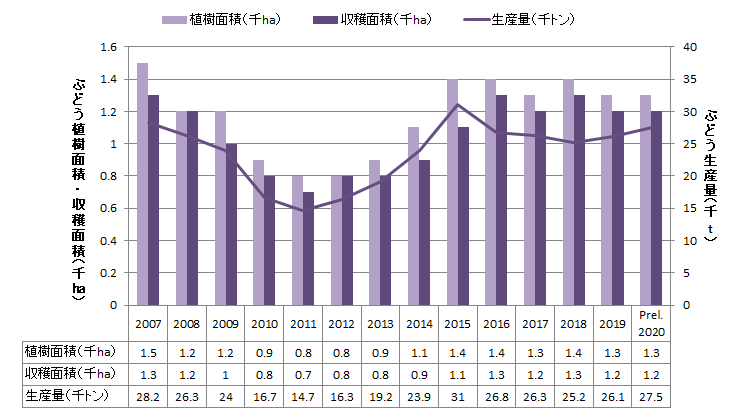 【特集】ベトナムセンサスデータ2020から（1）主要果物生産量及び生産面積の推移（ぶどう、マンゴー、オレンジ及びマンダリン、ロンガン、ライチ及びランブータン）