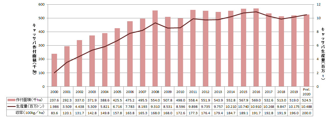 【特集】ベトナムセンサスデータ2020から（4）主要作物生産量及び生産面積の推移（キャッサバ、サツマイモ）